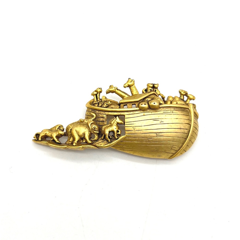 Vintage‎ AJC Noahs Ark Animal Figural Brooch Gold Tone Matte Pin 2.75 Inch